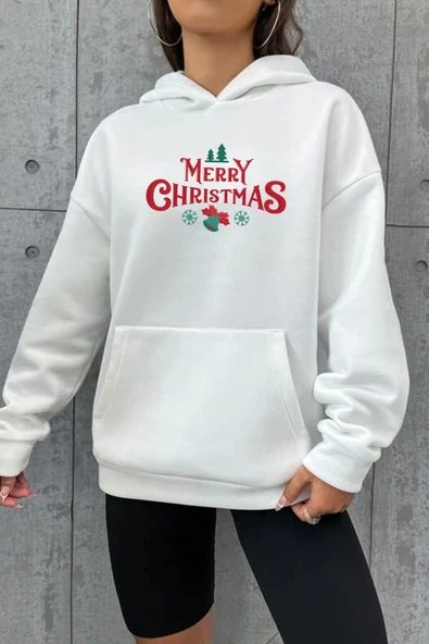 Yılbaşı Merry Christmas Baskılı Oversize Kapüşonlu Sweatshirt Hoodie - Beyaz ürün görseli 1