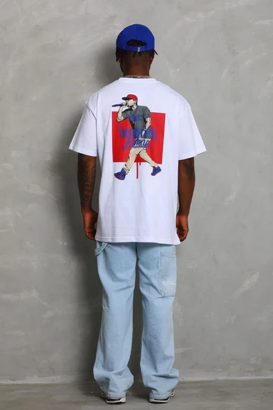 Erkek Baskılı Tişort Kısa Kol Bisiklet Yaka Ovarsize T-shirt -  Beyaz ürün görseli 1