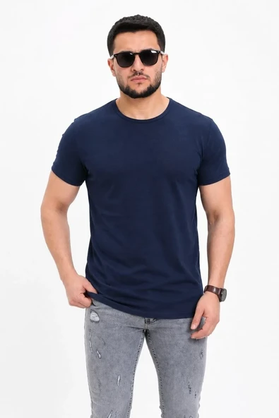 Erkek Basic Tişört Bisiklet Yaka Kısa Kol Günlük Yazlık Slim Fit T-shirt - Lacivert ürün görseli 1
