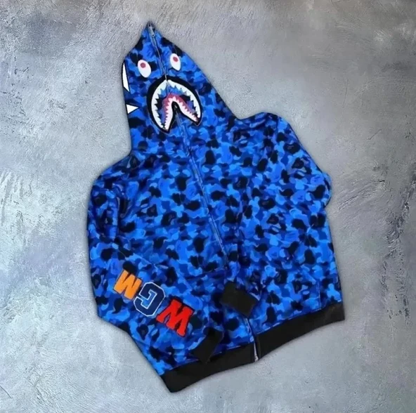 Unisex 2 İplik Bape Kapüşonu Fermuarlı Hırka - Mavi ürün görseli 1
