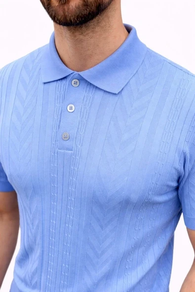 Erkek Yazlık Triko Tişört Kısa Kol Polo Yaka Düğmeli T-shirt - Bebek Mavisi ürün görseli 1