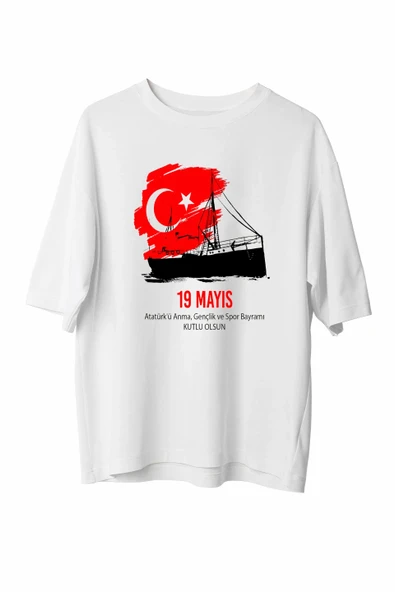 19 Mayıs Atatürk'ü Anma Gençlik Ve Spor Bayramı Baskılı Oversize T-shirt - Beyaz ürün görseli 1