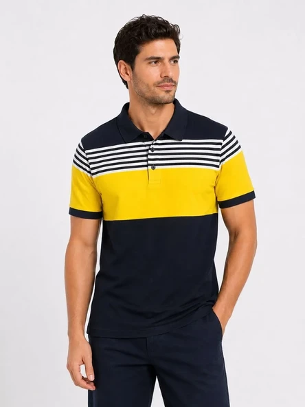Erkek Pike Kumaş Çizgili Polo Yaka Tişört Kısa Kol Yazlık T-shirt - Lacivert ürün görseli 1
