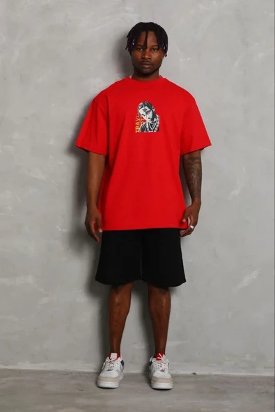 Erkek Baskılı T-shirt Kısa Kol Bisiklet Yaka Regular Fit Rahat Kalıp Günlük Tişört - Kırmızı ürün görseli 1