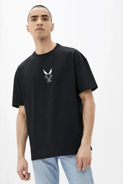 Erkek Baskılı T-shirt Kısa Kol Bisiklet Yaka Rahat Kalıp Tişört - Siyah ürün görseli 1