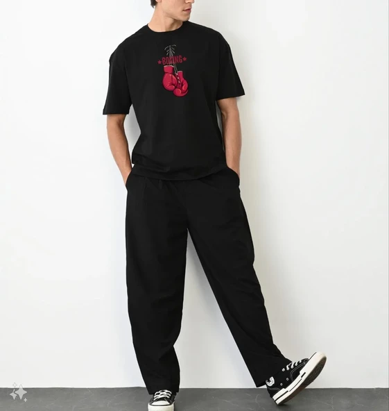 Erkek Boks Eldiven Baskılı T-shirt Kısa Kol Bisiklet Yaka Regular Tişört - Siyah ürün görseli 1