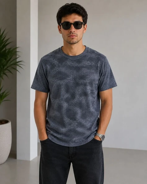 Erkek Batik Desenli Tişört Bisiklet Yaka Kısa Kol Regular Fit T-shirt - Füme ürün görseli 1