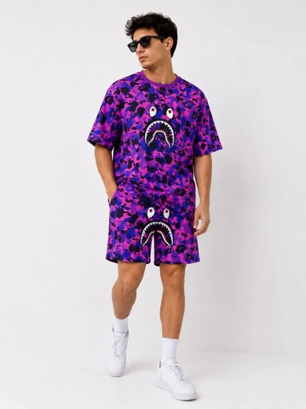 Erkek Oversize Kalıp Pubg Bape X Shark Nakışlı Cepli Şort Takım - Mor ürün görseli 1