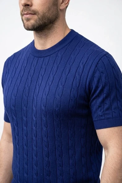 Erkek Yazlık Triko Dokuma Tişört Kısa Kol Bisiklet Yaka Örgü Desenli T-shirt - Lacivert ürün görseli 1