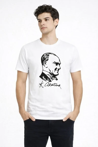 Erkek Atatürk Baskılı Tişört Kısa Kollu Bisiklet Yaka T-shirt - Beyaz ürün görseli 1