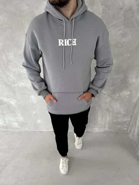 Erkek 3 İplik Pamuklu Kapüşonlu Kanguru Cepli Baskılı Oversize Hoodie Sweatshirt - Gri ürün görseli 1