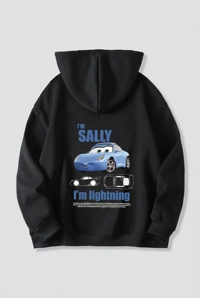 Sevgililer Günü Araba Temalı Baskılı Oversize Kapüşonlu Sweatshirt Hoodie - Siyah ürün görseli 1