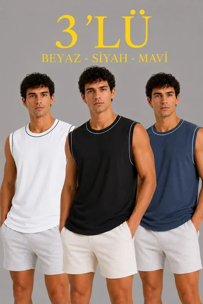 Erkek 3’lü Kolsuz Sporcu Atlet Seti Yazlık Bisiklet Yaka - Siyah, Beyaz, İndigo ürün görseli 1