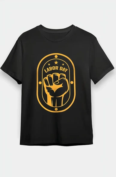 1 Mayıs Labor Day Emekçi Temalı Baskılı Oversize Bisiklet Yaka T-shirt - Siyah ürün görseli 1
