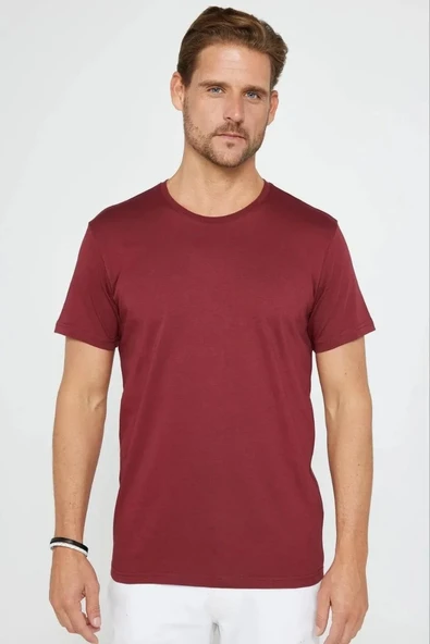 Erkek  Düz A Kalite Pamuklu Penye  T-shirt - Bordo ürün görseli 1