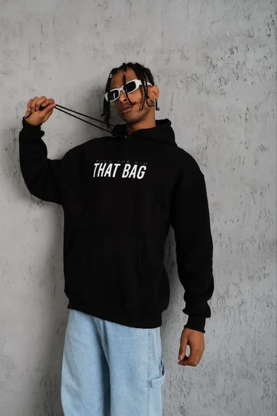 Erkek 3 İplik Pamuklu Kapüşonlu Baskılı Cepli Oversize Sweatshirt Hoodie - Siyah ürün görseli 1
