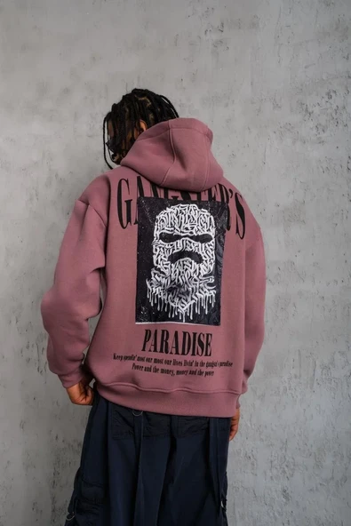 Erkek Paradise Baskılı Kapüşonlu Sweat - Gül Kurusu ürün görseli 1