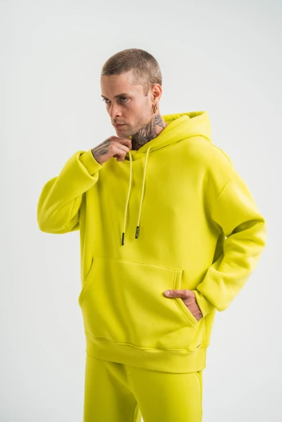 Unisex Double Oversize Kapşonlu Basic Sweatshirt - Sarı - Resim 7