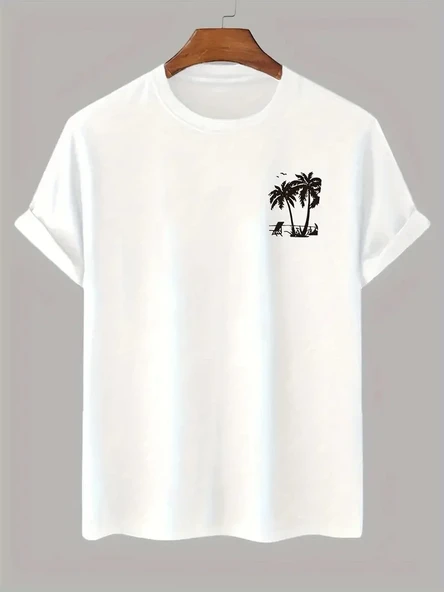 20/1 Penye Compack Palmiye Baskılı Oversize Bisiklet Yaka Kısa Kol T-shirt - Beyaz ürün görseli 1
