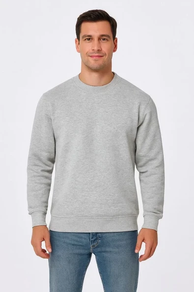 Erkek Üç İplik Düz Bisiklet Yaka Sweatshirt - Gri ürün görseli 1