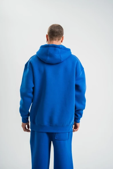 Unisex Double Oversize Kapşonlu Basic Sweatshirt - Mavi - Resim 7