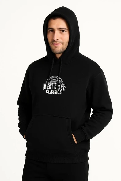 Erkek Kapşonlu Sweatshirt – Oversize Üç İplik Şardonlu Hoodie, “west Coast Classics” Ön & Arka Baskılı, Kanguru Cepli Kışlık Günlük Stil - Siyah ürün görseli 1