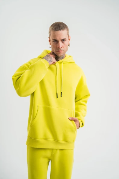 Unisex Double Oversize Kapşonlu Basic Sweatshirt - Sarı - Resim 6