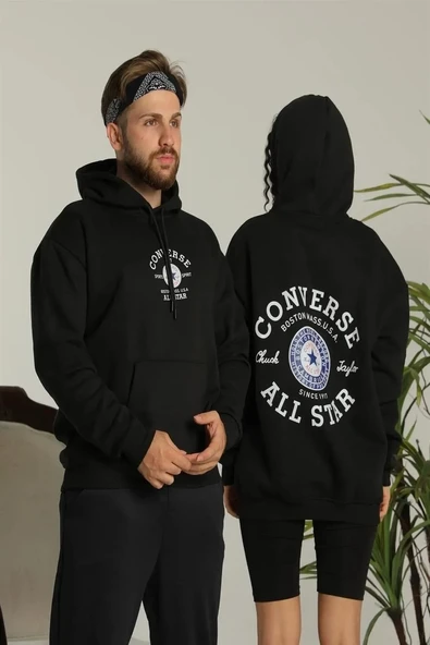 Erkek Sırt Baskılı Oversize Üç İplik Kapüşonlu Hoodie Sweatshirt - Siyah ürün görseli 1