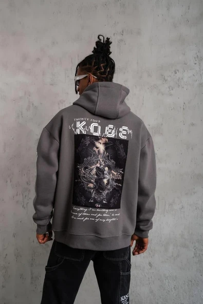 Erkek Baskılı Kapüşonlu Sweat - Gri - Resim 3