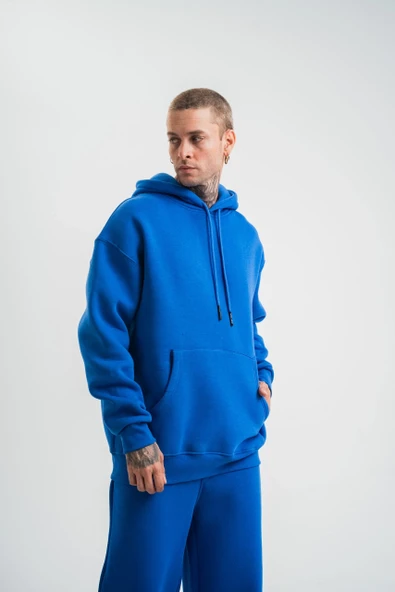 Unisex Double Oversize Kapşonlu Basic Sweatshirt - Mavi - Resim 3