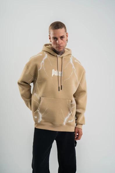Erkek Şimşek Baskılı Kapşonlu Sweatshirt Üç İplik Pamuklu Kanguru Cepli Double Oversize Hoodie - Bej ürün görseli 1