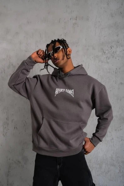 Erkek Kordon İpli Baskılı Kapüşonlu Sweatshirt - Füme ürün görseli 1