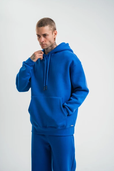 Unisex Double Oversize Kapşonlu Basic Sweatshirt - Mavi - Resim 6