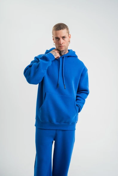 Unisex Double Oversize Kapşonlu Basic Sweatshirt - Mavi ürün görseli 1