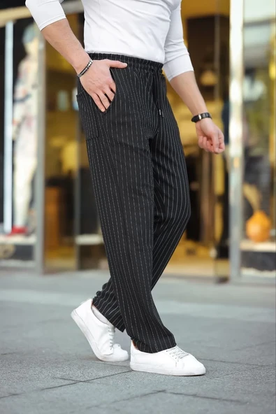 Erkek Cizgili Dokuma Krep Jogger Buggy Pantalon Rahat Kalıp - Siyah ürün görseli 1