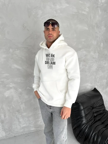 Kışlık Üç İplik Kapüşonlu Sweatshirt - Beyaz ürün görseli 1