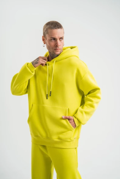 Unisex Double Oversize Kapşonlu Basic Sweatshirt - Sarı - Resim 5