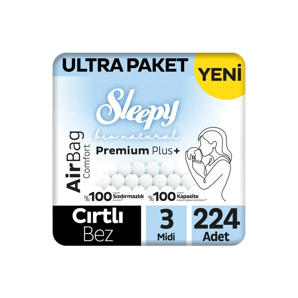 Sleepy Bio Natural Premium Plus Airbag Comfort Ultra Paket Bebek Bezi 3 Numara Midi 224 Adet ürün görseli 1