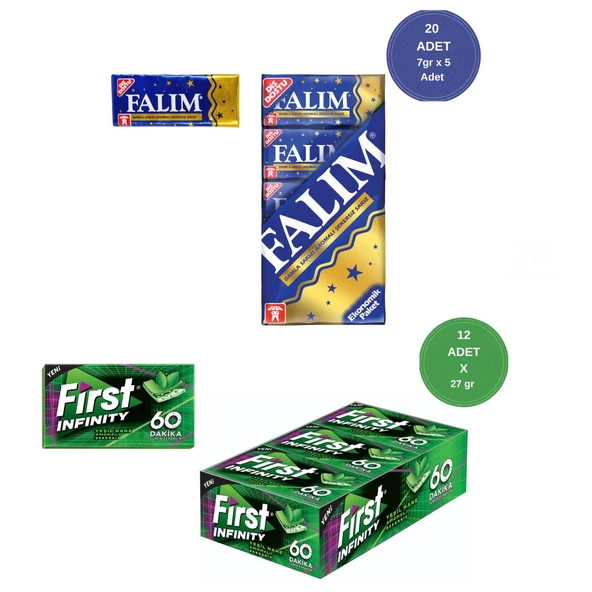 Falım (7gr x 5) x 20 - First (27gr x 12) Avantajlı Falım Damla Sakız ve First 60 Dakika Yeşil Nane ürün görseli 1