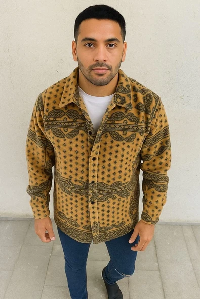 Erkek Polar Fermuarlı Sweatshirt – Kapüşonsuz, Cepli, Yumuşak Dokulu, Oversize Rahat Kalıp, Kışlık Sıcak Tutan Fermuarlı Üst - Sarı ürün görseli 1