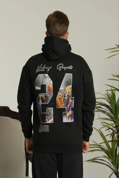 Erkek Baskılı Oversize Üç İplik Kapüşonlu Sweatshirt - Siyah ürün görseli 1