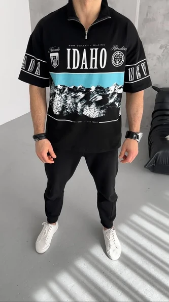 Unisex Baskılı Yarım Fermuarlı T-shirt - Siyah ürün görseli 1