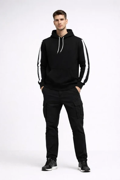 Erkek Şeritli Kapüşonlu Sweatshirt Oversize 3 İplik Pamuklu - Siyah ürün görseli 1