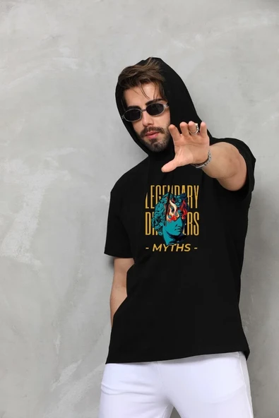 Unisex Kapşonlu Kolsuz Oversize Baskılı Tişört - Siyah ürün görseli 1