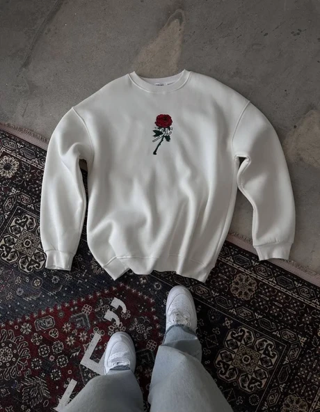 Unisex Bisiklet Yaka Ön Ve Arka Baskılı Sweatshirt - Beyaz ürün görseli 1