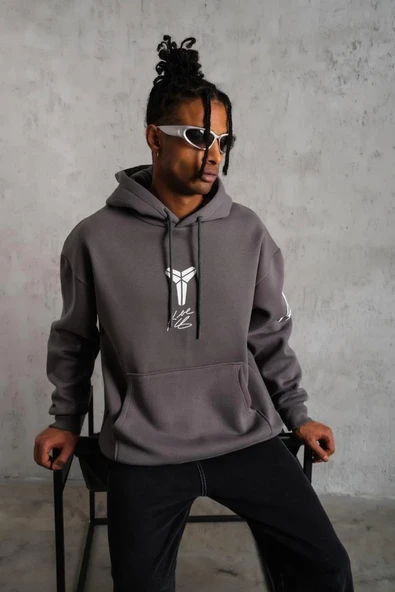 Erkek Baskılı Kapüşonlu Sweat - Gri - Resim 4
