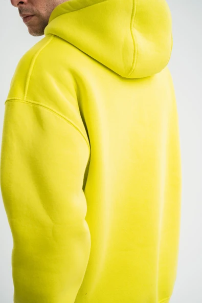 Unisex Double Oversize Kapşonlu Basic Sweatshirt - Sarı - Resim 4