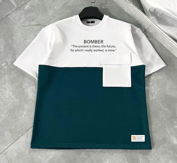 Unisex Torba Cep Detaylı  Parçalı T-shirt - Lacivert ürün görseli 1