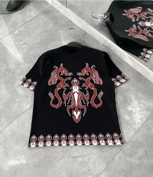Unisex Bisiklet Yaka Baskılı Oversize T-shirt - Siyah ürün görseli 1