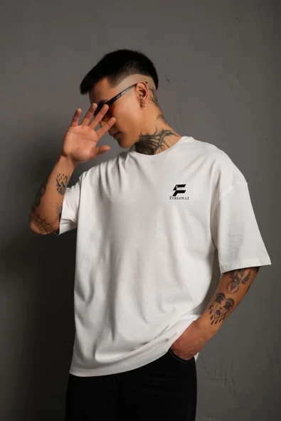 Unisex Bisiklet Yaka Baskılı Oversize T-shirt - Beyaz ürün görseli 1